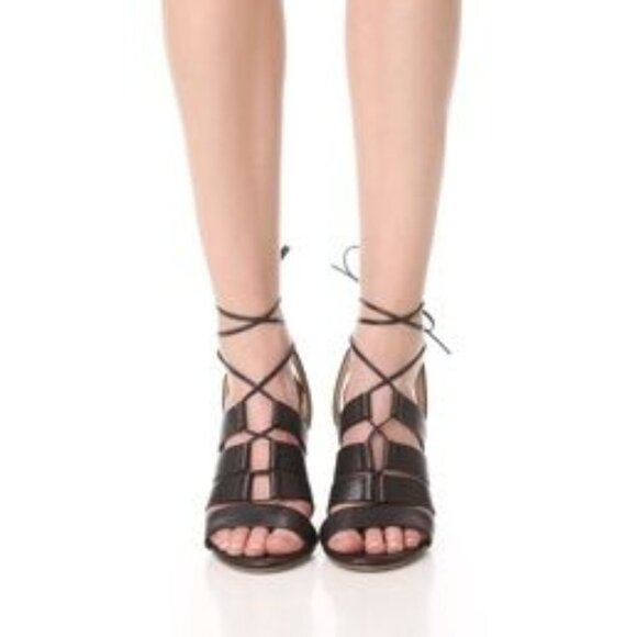 9,5 New Splendid Brayden Lace Up Sandals Block Heel Black Leather Gladiator - Picture 1 of 11